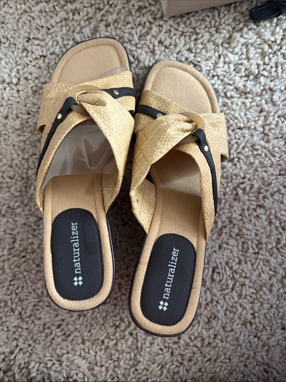 Naturalizer Gold and Black Crossover Slide Mules